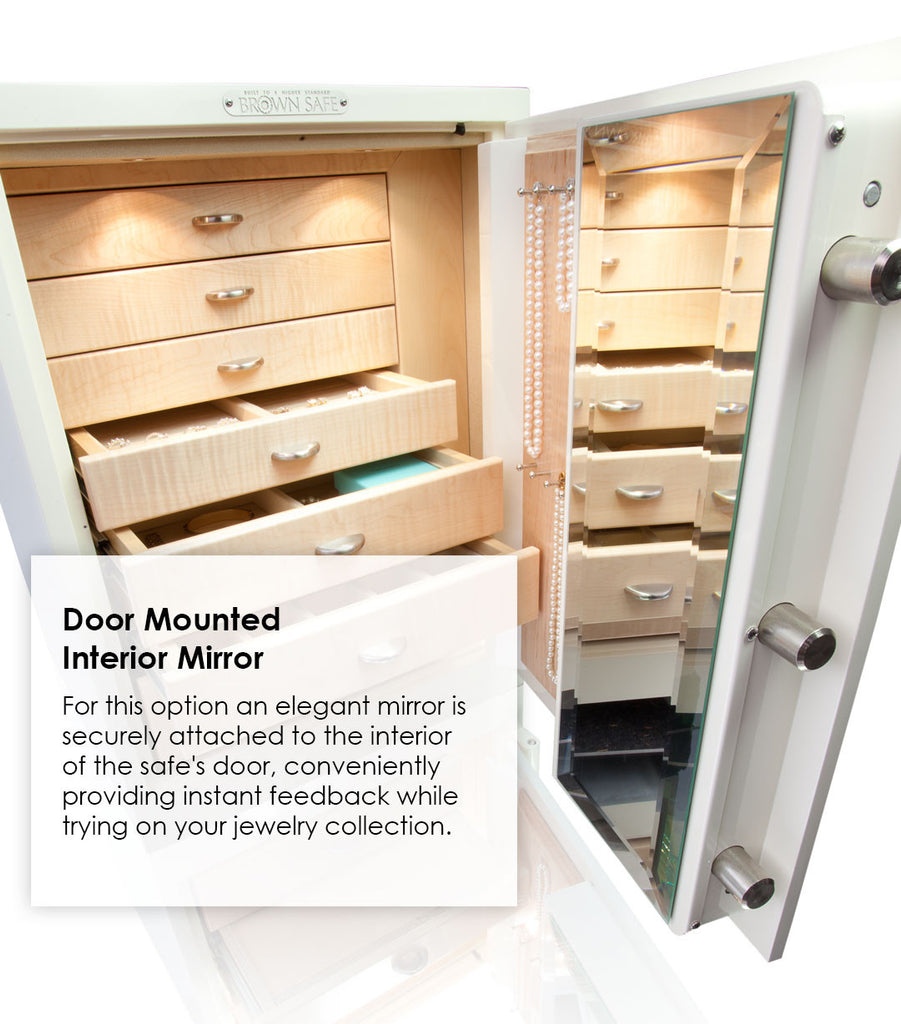 Door mounted interior mirror for safe or storage cabinet, showing a mirrored door with a wood interior and silver mirrored frame.